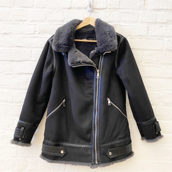 Zara || Double Faced Aviator Biker Moto Jacket Faux Suede Fur Black Gray - Picture 2 of 8
